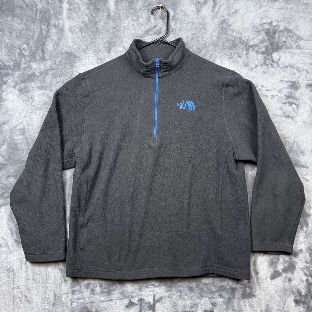 The North Face Fleece Pullover Mens L Black TKA 100 Quarter Zip Blue Logo